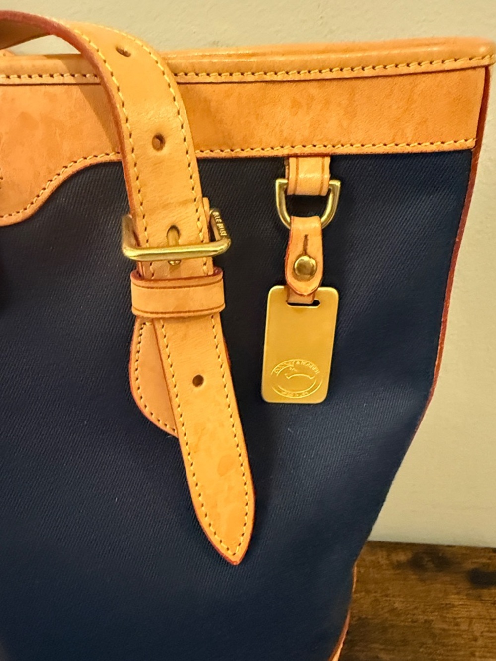 Dooney & Bourke Navy Tote with Tan Leather Trim - Picture 2 of 14